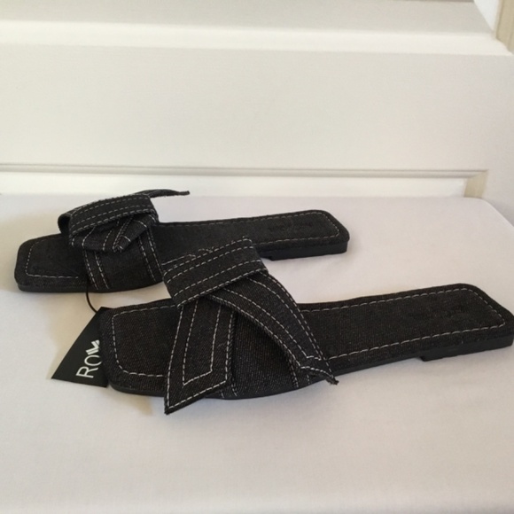 Women’s Open Toe Denim Slip On Slide Flat Sandals - Picture 4 of 7